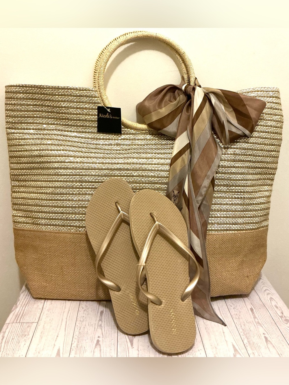 Woven Tote Bag with Silk Scarf & Gold Flip Flops Beach Bundle